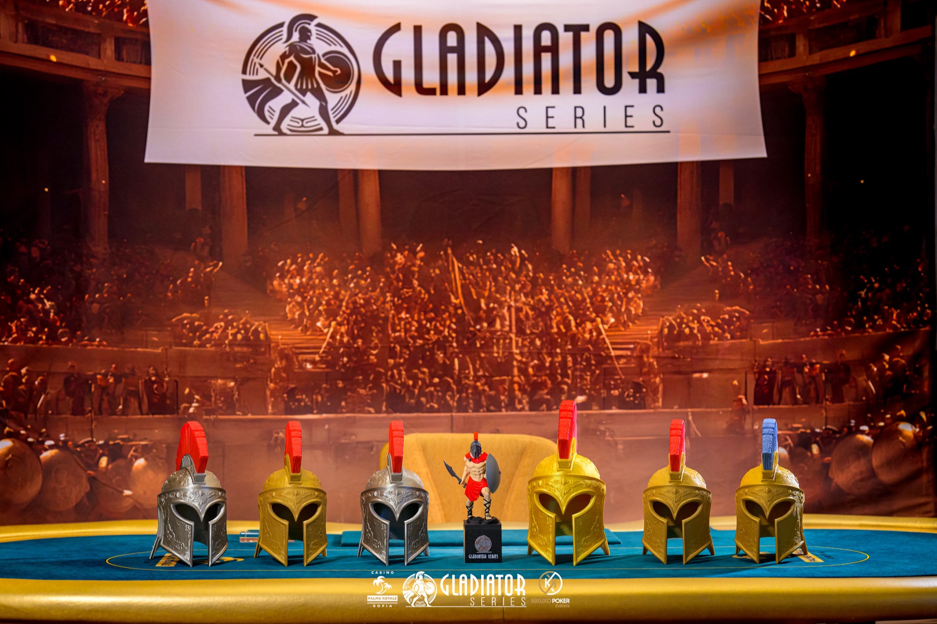 Trophies in front of the colosseum backdrop